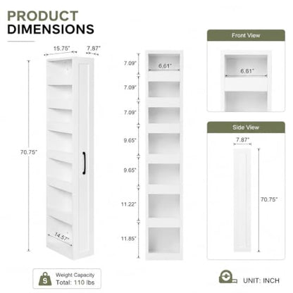 Tall Narrow Storage Cabinet, 71 Inch Tall, 8 Inch Wide, White | 7-Shelf Slim Pull-Out Organizer with Wheels for Small Spaces, Kitchen, Bathroom, Laundry Room and Narrow Gaps - color: D-white
