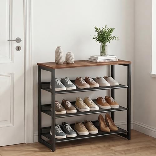 Garden 4 you Shoe Rack for Entryway 4 Tiers 11.8" D x 25" W x 28" H, Metal Shoe Rocks with Brown Wooden Tabletop, Angled Shoes Rack with Adjustable Mesh Shelves for Entryway Hallway Closet - color: Rustic Brown, size: 4-Tiers
