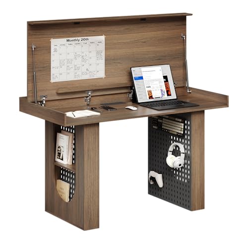 55" Convertible Computer Desk, 2-in-1 Flip-Top Desk & Dining Table with Hidden Storage, Built-in Power Strip, Pegboard, Soft-Close Gas Spring, Space-Saving for Small Apartment, Black Walnut - color: Black Walnut