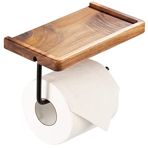 Yangbaga Toilet Paper Holder with Shelf: Wall Mount Bathroom Tissue Roll Storage with Adhesive& Screw, Matte Black Aluminum Alloy Bathroom Accessories Wood Shelf for Phone Wipes