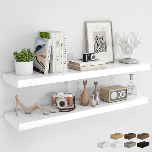 RICHFOCUS 48Inch Floating Shelves for Wall 2 Pack Shelves for Bedroom|Kitchen|Bathroom Wall Mounted Rustic Wood Floating Shelf with Invisible Brackets for Books|Storage|Decor, White - color: White, size: 47.2"L x 8"D, Set of 2