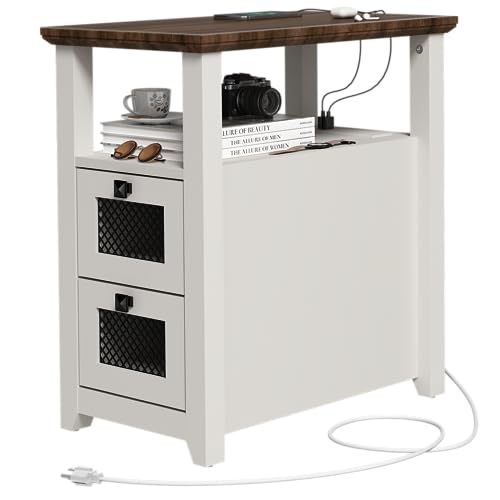 HDDDZSW Farmhouse XXL End Table with Charging Station, Narrow Side Table with USB Ports and Outlets, Nightstand with 2 Drawers Storage, Bedside Tables for Living Room, Bedroom, Rustic Walnut White - color: White