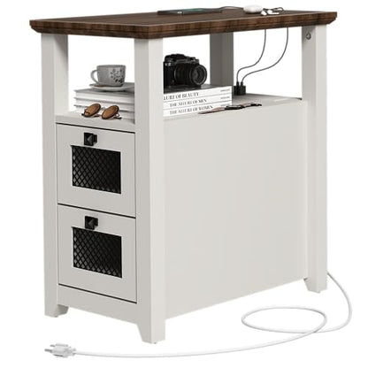 HDDDZSW Farmhouse XXL End Table with Charging Station, Narrow Side Table with USB Ports and Outlets, Nightstand with 2 Drawers Storage, Bedside Tables for Living Room, Bedroom, Rustic Walnut White - color: White