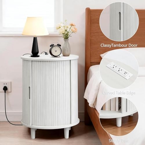 DHH Round End Table with Storage & Charging Station, Fluted Accent Side Table with Sliding Door & Adjustable Shelf, Mid-Century Nightstand for Small Spaces, Living Room, Bedroom(Grayish White) - color: Grayish White