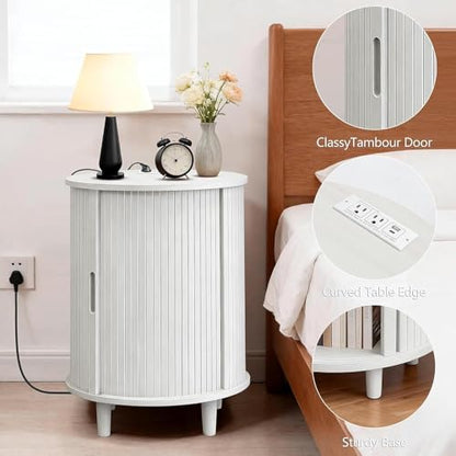 DHH Round End Table with Storage & Charging Station, Fluted Accent Side Table with Sliding Door & Adjustable Shelf, Mid-Century Nightstand for Small Spaces, Living Room, Bedroom(Grayish White) - color: Grayish White