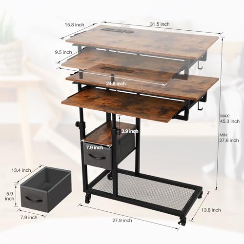 FAHKNS Overbed Table with Wheels, C Shaped End Table for Couch, Height Adjustable Desk on Wheels, Rolling Side Table with USB Ports & Outlets, Bedside TV Tray for Laptop Snacks