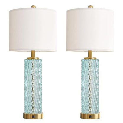 Oneach 27.75" Coastal Table Lamps Set of 2, Clear Blue Bedside Lamp with Glass Nightlight, USB A+C, Unique Desk Lamps for Living Room, Bedroom, Nightstand, End Table (2 Bulbs Included) - color: Clear Blue - White Shade