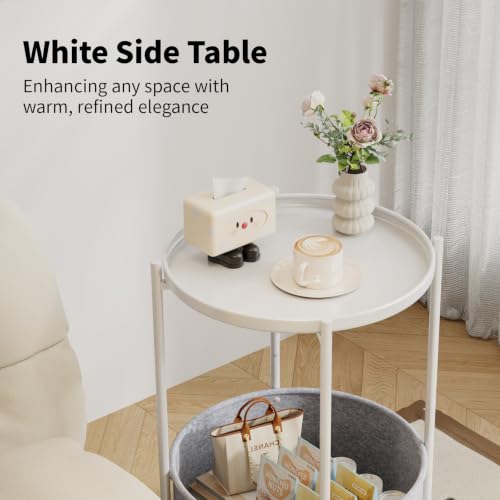 Small Round Side Table with Felt Storage Basket and Removable Tray | Accent Table, Metal End Table with Adjustable Feet, Side Table for Nursery, Bedroom, Living Room, Laundry Room, White - color: White