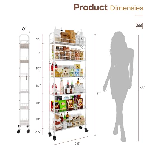 6 Tier Slim Rolling Storage Cart with Wheels, Metal Mobile Shelving Unit Organizer Utility Cart for Office Bathroom Kitchen Laundry Room Narrow Places (White 6 Inches) - size: White 6 Inches