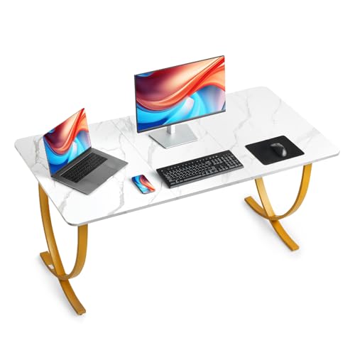 VEVOR Executive Desk, 63" W x 31.5" D Large Office Desk, Modern Computer Table Conference Meeting Room Table, Business Furniture Enlarged Desktop for Home Office, White and Gold - color: White+gold