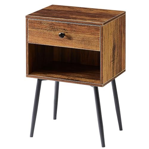 VECELO Nightstands Set of 2, Mid Century Modern End Bedside Table, Night Stand with Storage Drawer and 2 Tiers Open Shelf for Small Place, Bedroom, Living Room, Easy Assembly, Brown - color: Brown