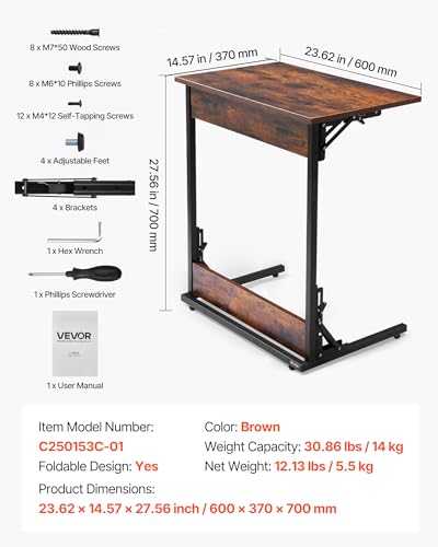 VEVOR C Table, Folding C Shaped End Table with Metal Frame & Adjustable Feet, Foldable C Shaped Side Table for Living Room Bedroom Office, 23.62 x 14.57 x 27.56 inch TV Tray, Brown and Black - style: Folding