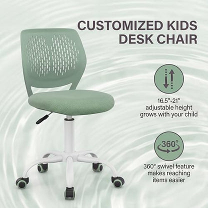 Costzon Kids Desk Chair, Armless Height Adjustable Kids Computer Chair w/Elastic Sponge Filling, Ergonomic Backrest & Stable 5-Point Wheels, Children Rolling Swivel Chair for Studyroom (Sage) - color: Sage