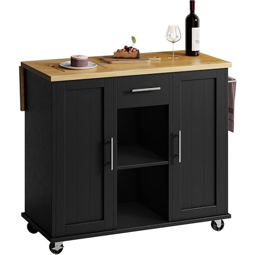SUNLEI Rolling Kitchen Island Cart with Wheels, Island Table for Kitchen, Farmhouse Kitchen Cart with Drop Leaf & Towel Rack & Drawer, Kitchen Island with Storage Cabinet, Black - style: Black