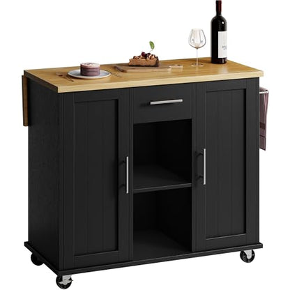 SUNLEI Rolling Kitchen Island Cart with Wheels, Island Table for Kitchen, Farmhouse Kitchen Cart with Drop Leaf & Towel Rack & Drawer, Kitchen Island with Storage Cabinet, Black - style: Black