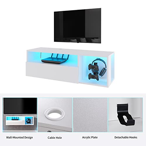 sogesfurniture 39.3'' Floating Wall TV Cabinet Stand with LED Lights, Wall Mounted Entertainment Center with Storage Shelves, Modern High Gloss Media Console for Living Room, Bedroom - size: 39.3''-White