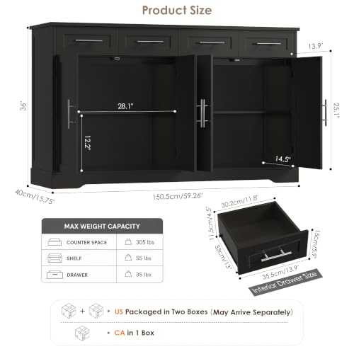 HOSTACK 60" Large Buffet Sideboard with Storage, 36" Tall Kitchen Buffet Storage Cabinet with 4 Drawer, Modern Coffee Bar Cabinet with Silver Handle, Long Sideboard Buffet Table for Kitchen, Black - color: Black