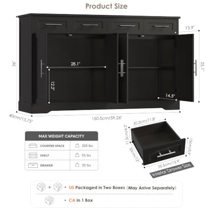 HOSTACK 60" Large Buffet Sideboard with Storage, 36" Tall Kitchen Buffet Storage Cabinet with 4 Drawer, Modern Coffee Bar Cabinet with Silver Handle, Long Sideboard Buffet Table for Kitchen, Black - color: Black