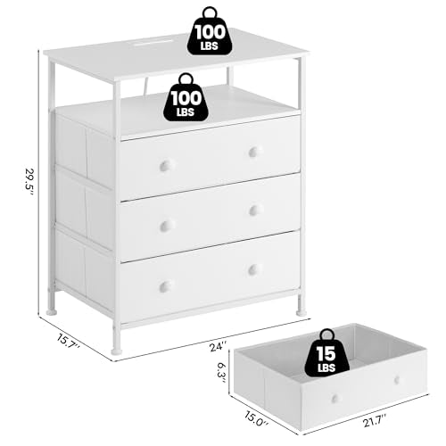 3-Drawer LED Nightstand Set 2 with Charging Station, White | Engineered Wood and Steel, 2 AC and 2 USB ports, 24 Inch Wide, RGB App Control, Fabric Drawers, Open Storage Shelf - color: White, 2 Pack