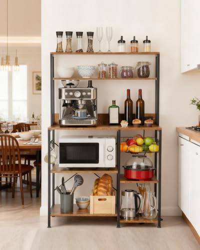 Garvee Kitchen Bakers Rack with Power Outlet, 35 * 60inch Microwave Oven Stand with Storage 4 Tiers, Coffee Bar Table with 5 S Hooks, Kitchen Storage Shelf Rack for Spices, Pots, Rustic Brown - size: 35*60