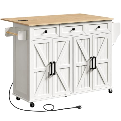 RALGEND Kitchen Island with Drop Leaf & Power Outlet, Rolling Kitchen Island Cart On Wheels, Barn Door Kitchen Island Table with Storage and Tower Rack, Island Table for Kitchen, White and Natural - color: White + Natural