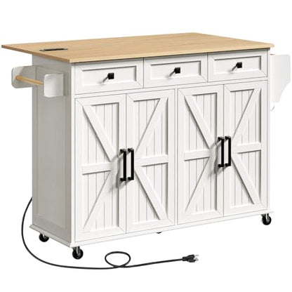 RALGEND Kitchen Island with Drop Leaf & Power Outlet, Rolling Kitchen Island Cart On Wheels, Barn Door Kitchen Island Table with Storage and Tower Rack, Island Table for Kitchen, White and Natural - color: White + Natural