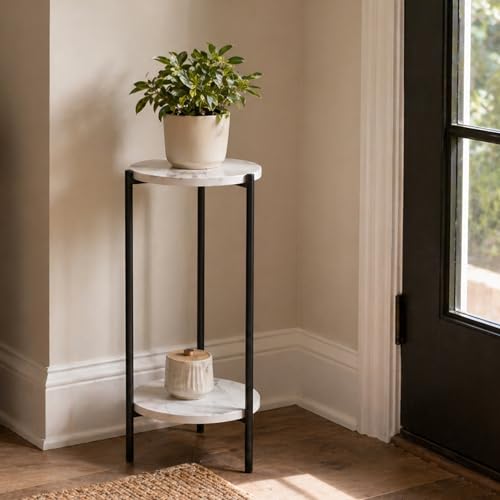 Furinno BESI Plant Stand Indoor, 2-Tier Round Plant Shelf, Metal Flower Pot Plant Stand, Balcony, Patio, Garden, Marble White - color: Marble White