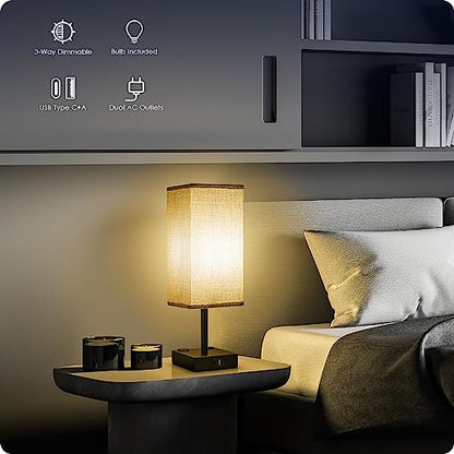 Bedside Table Lamps Set of 2 - Touch Nightstand Lamp for Bedroom with USB C+A Charging Ports & AC Outlets, 3-Way Dimmable Desk Lamp Grey Fabric Shade for Bedroom Living Room, Office(Bulb Included) - color: Gray
