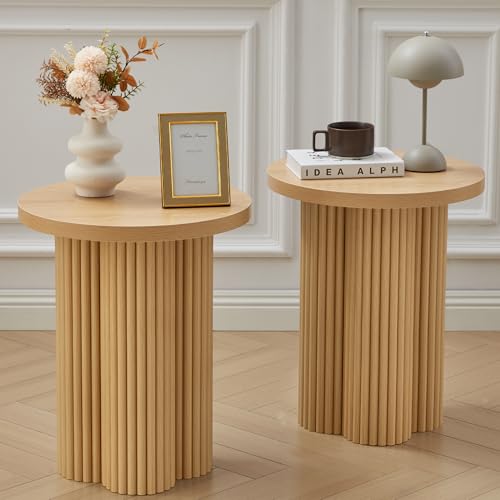 Small Sofa Side Table Set of 2, Fluted Accent Pedestal End Table, Wood Round Night Stand, Farmhouse Bed Side Table Drink Tables for Living Room, Small Spaces (Natural-2PCS) - color: Natural-2pcs