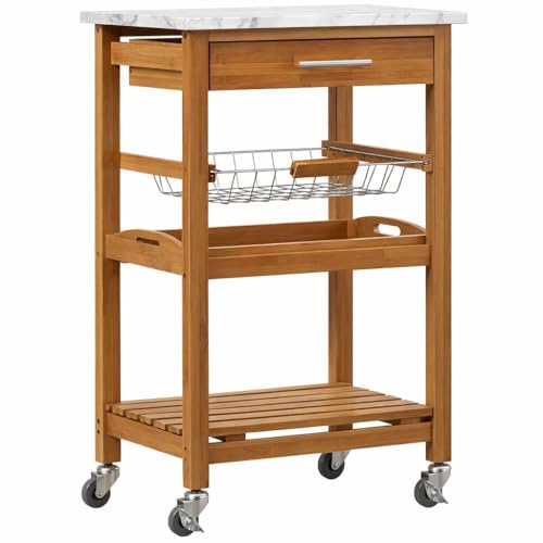 Boraam Aya Bamboo Kitchen Cart with Faux Marble Top - size: Kitchen Cart