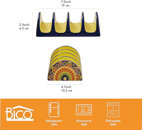 Bico Tunisian Ceramic Taco Holder, Taco Stand Rack Tray, Microwave and Dishwasher Safe - color: Tunisian