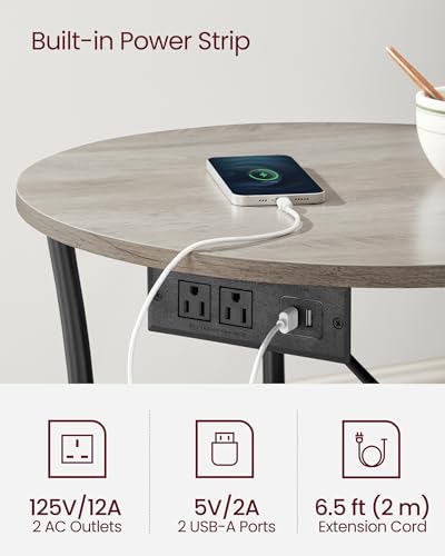 VASAGLE 21.7-Inch Round Side Table, 2-Tier End Table with Power Outlets, Nightstand with Steel Frame, Spacious Top, for Small Spaces, Living Room, Bedroom, Heather Greige and Ink Black ULET077L01 | Nightstand with Steel Frame, Spacious Top, for Small Spac
