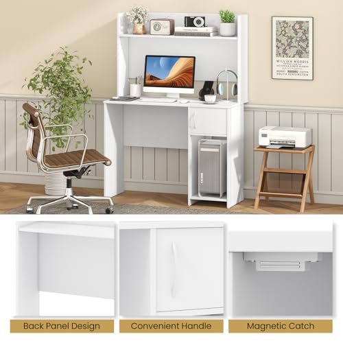 Giantex White Desk with Hutch, Small Computer Desk with Bookshelf & Adjustable Shelf, 2 Cable Holes, Modern Laptop PC Computer Workstation, Study Writing Desk for Small Spaces, Bedroom, Home Office - color: White