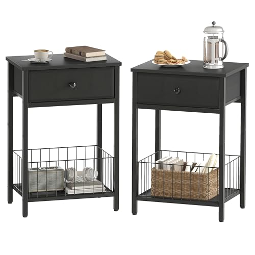 Nightstands Set of 2 with PU Leather Front Drawer, 3-Tier End Table with Bottom Mesh Basket, Industrial Bedside Tables for Bedroom, Black - color: Black