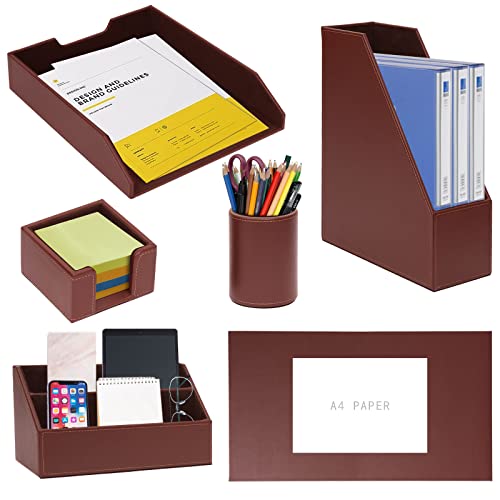 6 Piece Office Supplies/Desk Organizer Set with Desktop Leather Writing Pad,File Paper Tray,Magazine folder Holder, Pen Cup,Sticky Note Holder,Letter Mail Sorter,Workspace Decor for Women Men Brown - color: Brown