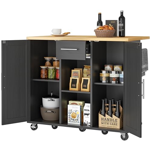 JY QAQA 42" Kitchen Island with Storage on Wheels, Rolling Table with Drop Leaf, Drawers, Cart Handle for Towel Rack or Free Movement, Black - color: Black