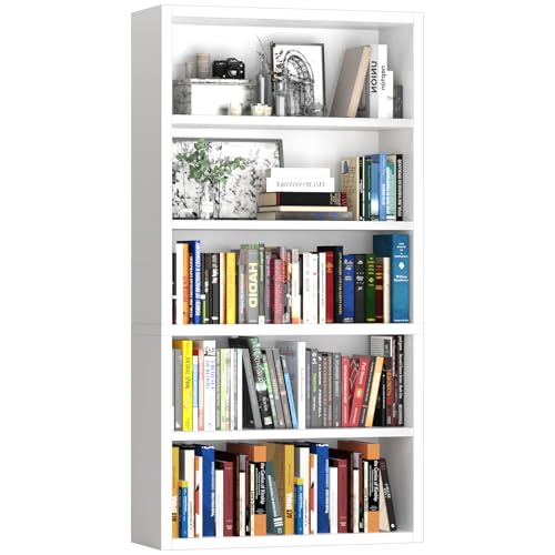 furtble 5 Tier Bookshelf with Open Storage Shelf, 60 Inch Tall Wooden Bookcase, Sturdy Modern Display Storage Shelf for Living Room, Home Office, Study, White - size: 5-Tier-30.7W