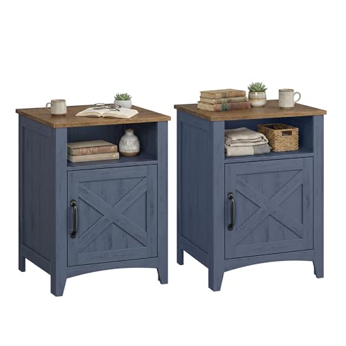 VASAGLE LIRY Collection - Farmhouse Nightstand, Barn Door, Set of 2, Bedside Table with Storage, Side End Table, Night Stand, Open Compartment, for Bedroom, Rustic Blue and Honey Brown ULET609Q101S-2J - color: Rustic Blue and Honey Brown, size: 2 PACK