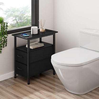 Vagusicc Set of 2 Black Nightstand with Charging Station and LED Lights, Narrow Side Table, LED Night Stand with 2 Fabric Drawers, Bedside Table Small End Table, Tall Nightstand for Bedroom, Black - color: Black, size: 2, style: With LEDs