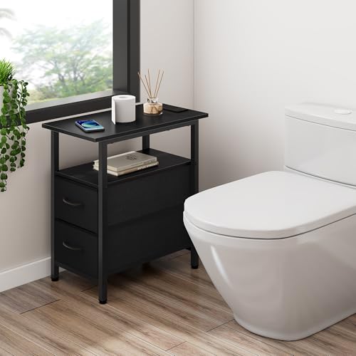 Vagusicc Set of 2 Black Nightstand with Charging Station and LED Lights, Narrow Side Table, LED Night Stand with 2 Fabric Drawers, Bedside Table Small End Table, Tall Nightstand for Bedroom, Black - color: Black, size: 2, style: With LEDs