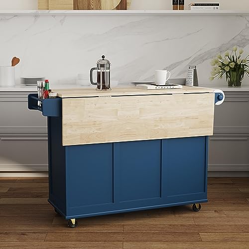 Homestyles Mobile Kitchen Island Cart with Wood Top and Dropleaf Breakfast Bar, Blue - color: Blue