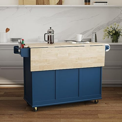Homestyles Mobile Kitchen Island Cart with Wood Top and Dropleaf Breakfast Bar, Blue - color: Blue