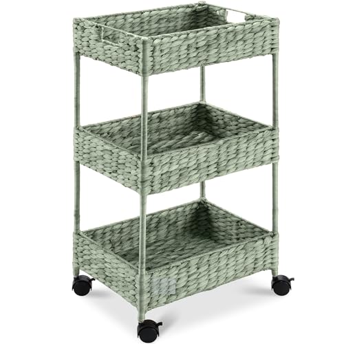 Best Choice Products 3-Tier Water Hyacinth Rolling Nursery Caddy w/Wheels, Utility Cart, Storage Organization for Bathroom, Craft Room, Laundry Room - Sage - color: Sage