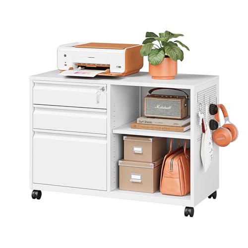 3 Drawer Metal File Cabinet with Lock, Mobile Lateral Filing Cabinet with Side Hook for Letters/Legal/A4, Printer Stand Storage Cabinets with Shelves for Home Office(White) - color: White, size: 34.5"W x 24.4"H x 15.8"D