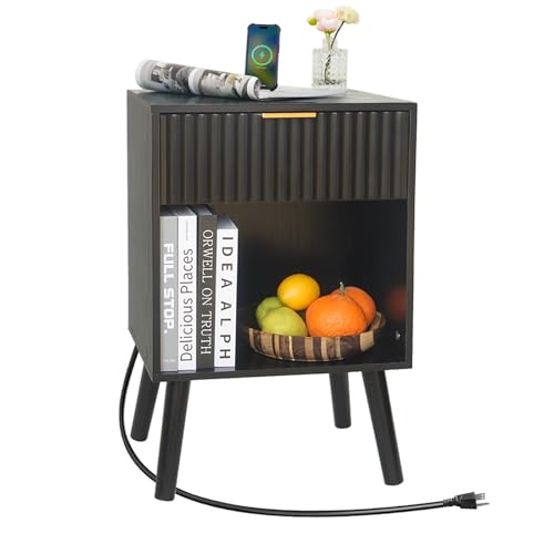 Fultyle Fluted Black Nightstand with Charging Station, Mid Century Modern Bedside Table with Drawers and Outlet, Side Tables Living Room, Wooden Night Stand for Bedroom, Office (Black) - color: Black With Charging Station