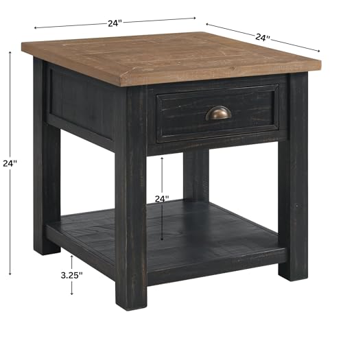 Monterey Farmhouse Rustic End Table, Solid Pine Wood Coastal Side Table with Drawer and Shelf. Black and Driftwood. | Farmhouse Rustic, Coastal Side Table, Drawer and Storage Shelf - color: Black and Driftwood