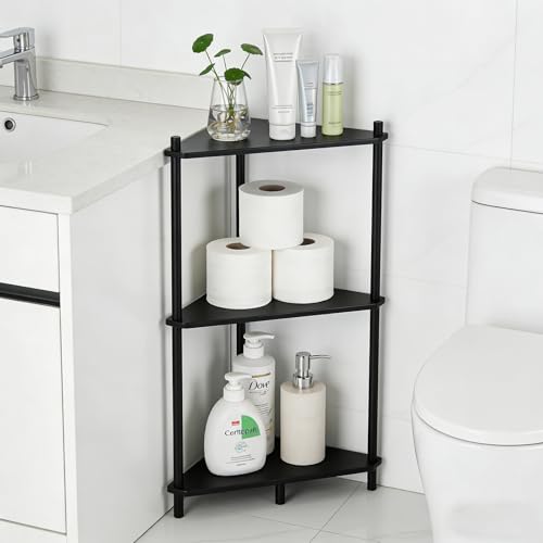 3 Tier Corner Shelf Stand - Bamboo Small Corner Display Shelving Unit, Tall Corner Bookshelf Wood Corner Storage Shelf Plant Stand for Bathroom, Bedroom, Office, Kitchen, Living Room Decor Black - size: 3 Tier