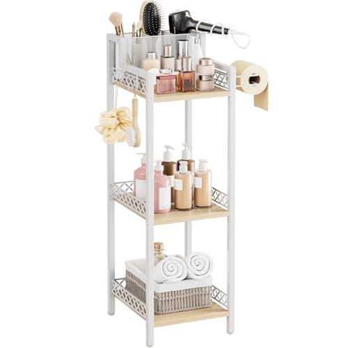 Slim Bathroom Storage Shelf Unit, Makeup Organizer for Small Spaces | 3 Tier Rustic Makeup Organizer for Cosmetic and Skincare, Space Saving Standing Shelves for Bathroom,Bedroom,Kitchen,Laundry - color: 9.85“ White Without Drawer