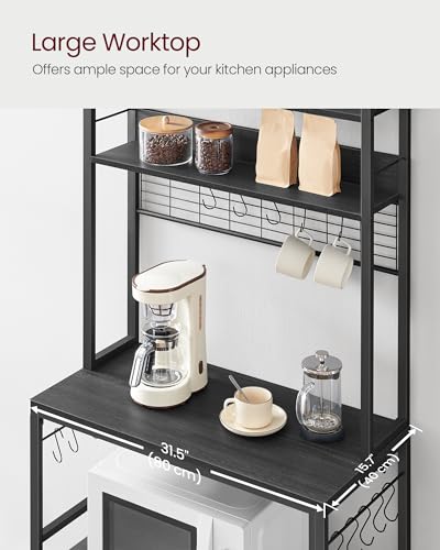 VASAGLE Bakers Rack with Power Outlet, Microwave Stand, Kitchen Tall Utility Storage Shelf, with Metal Wire Panel, 14 Hooks, 15.7 x 31.5 x 66.9 Inches, Charcoal Gray and Ink Black UKKS025B22 - color: Charcoal Gray + Ink Black, size: 31.5"W