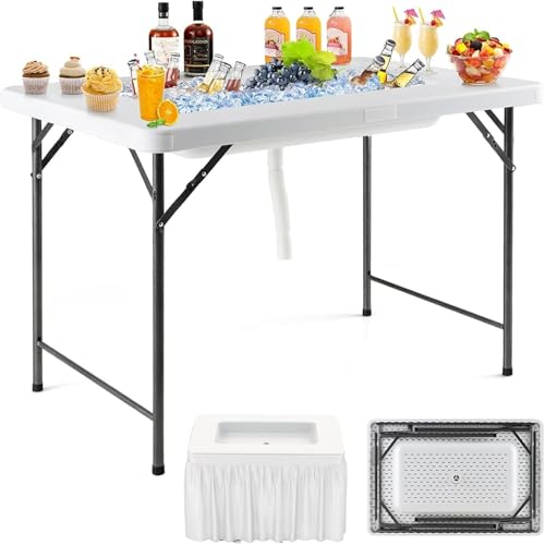 Giantex 4 FT Folding Ice Cooler Table for Parties with Drain, No Assembly Ice Bin Table with Removable Matching Skit, Portable Fill and Chill Table for Cooling Food Beverage, Picnic, BBQ, Tailgating - color: White, size: 32"D x 48"W, style: No Bucket